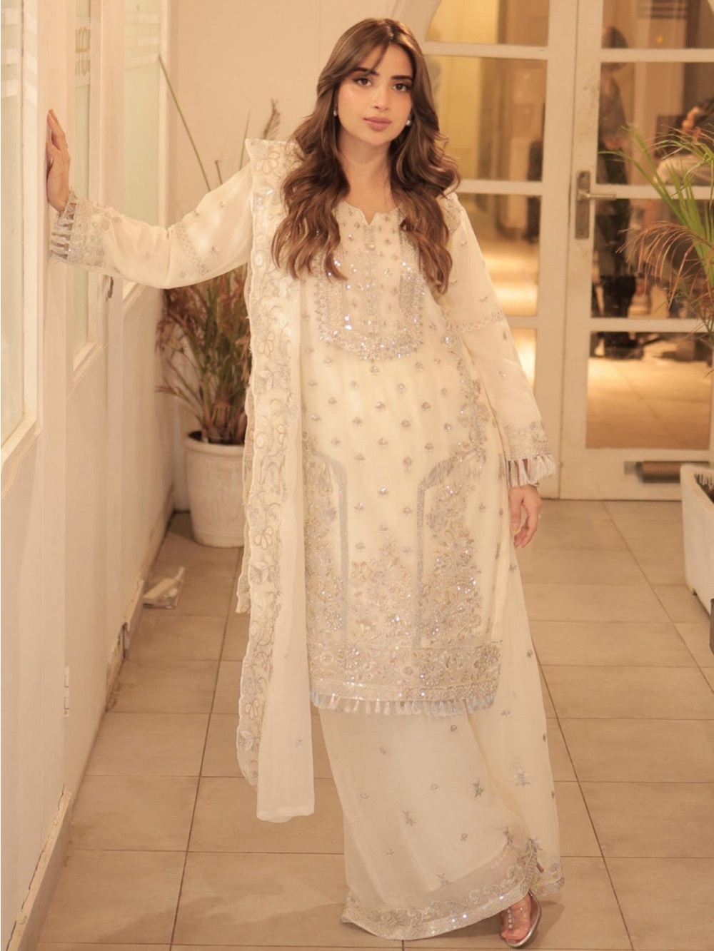 Embellished Cream Maxi Dress with Silver Accents